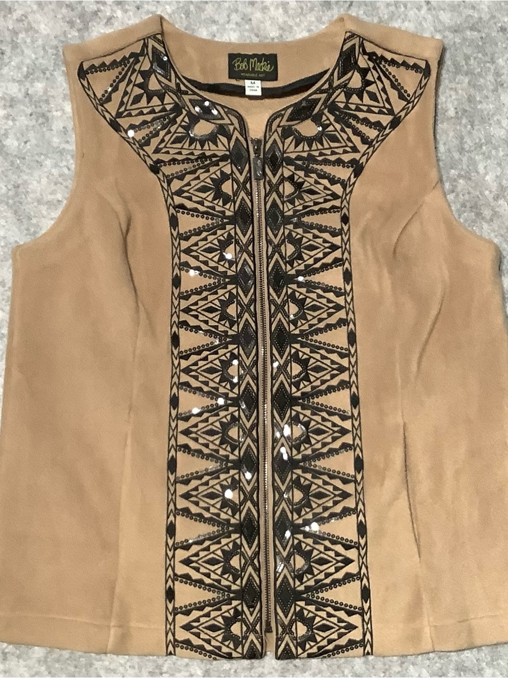 VTG Bob Mackie Tan Zip Vest Black Beading and Sequins with Pockets Flawless